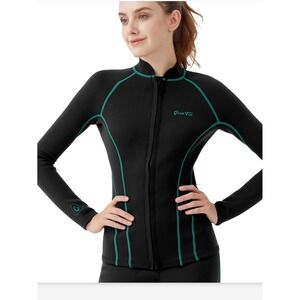 GoldFin Wetsuit Top Womens 2mm Neoprene Front Zip Jacket Black Teal Small